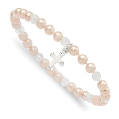 Sterling Silver Pink Shell Bead & Crystal Cross Children's Stretch Bracelet QH5324