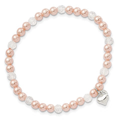 Sterling Silver Pink Shell Bead, Crystal & Heart Children's Stretch Bracele QH5326