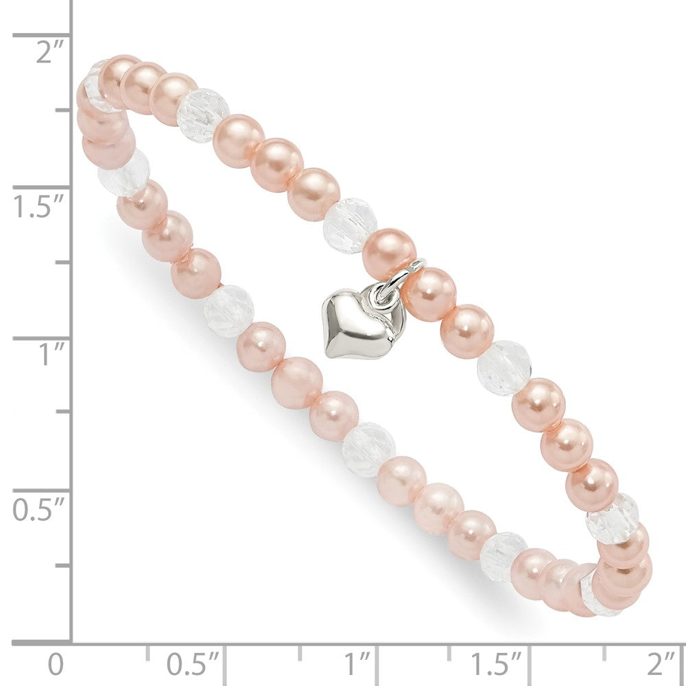 Sterling Silver Pink Shell Bead, Crystal & Heart Children's Stretch Bracele QH5326