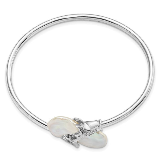 Sterling Silver Rhodium-plated 16-17mm White Keshi Freshwater Cultured Pearl and CZ Flexible Bangle QH5360