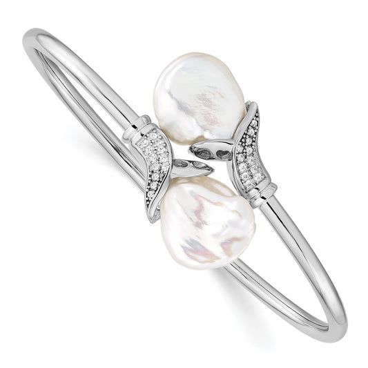 Sterling Silver Rhodium-plated 16-17mm White Keshi Freshwater Cultured Pearl and CZ Flexible Bangle QH5360