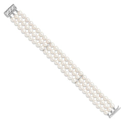 Sterling Silver Rhodium-plated 6-7mm White Near-Round Freshwater Cultured Pearl 3-Strand 7.5 inch Bracelet QH5365-7.5