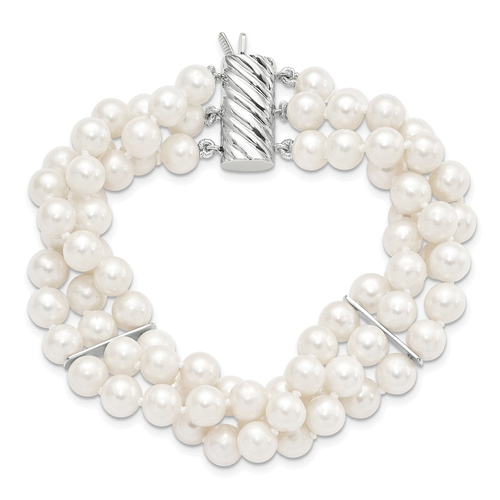 Sterling Silver Rhodium-plated 6-7mm White Near-Round Freshwater Cultured Pearl 3-Strand 7.5 inch Bracelet QH5365-7.5