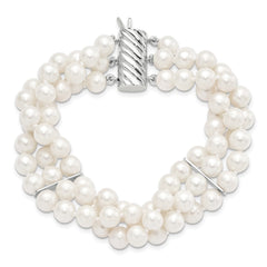 Sterling Silver Rhodium-plated 6-7mm White Near-Round Freshwater Cultured Pearl 3-Strand 7.5 inch Bracelet QH5365-7.5