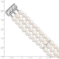 Sterling Silver Rhodium-plated 6-7mm White Near-Round Freshwater Cultured Pearl 3-Strand 7.5 inch Bracelet QH5365-7.5