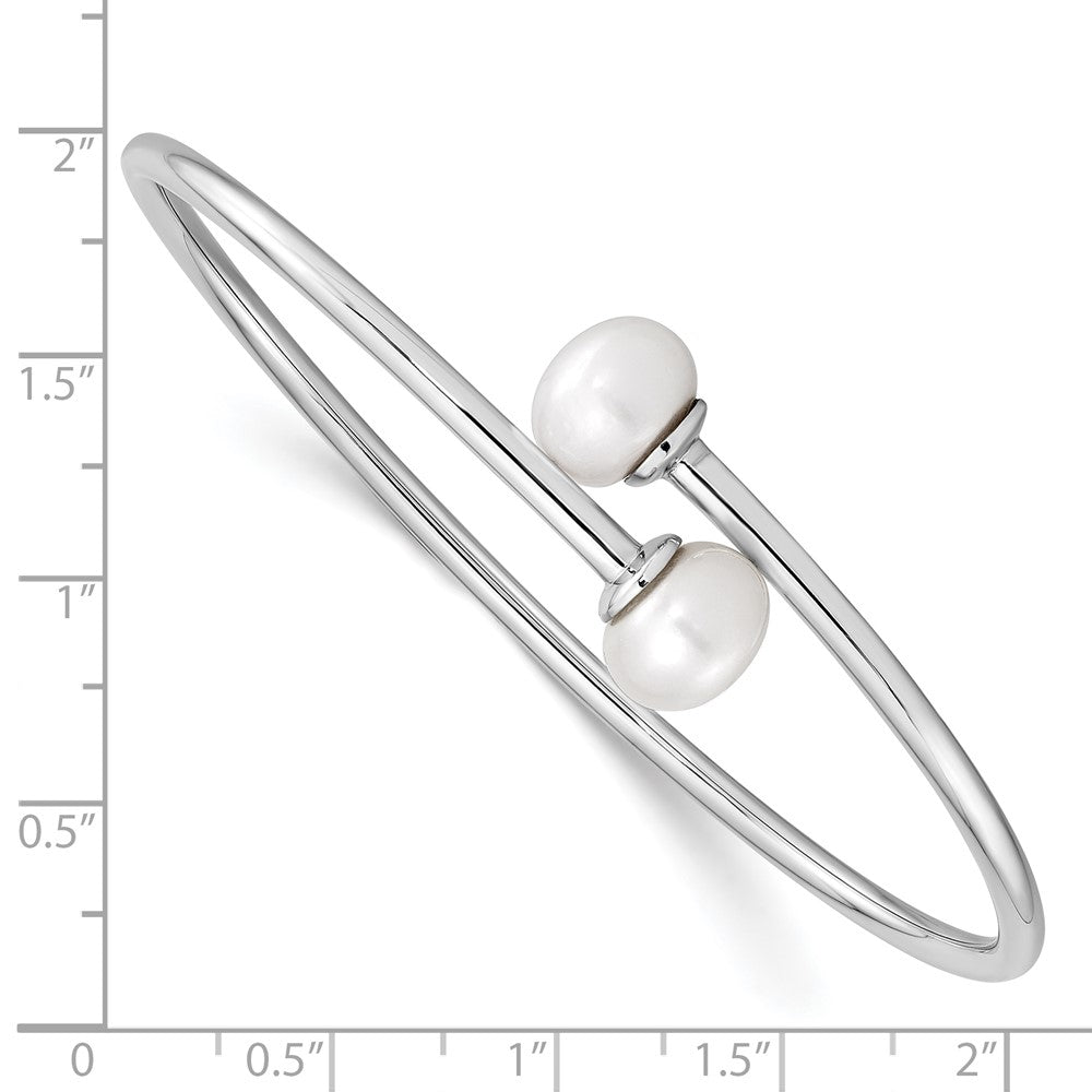 Sterling Silver Rhodium-plated 9-10mm White Freshwater Cultured Pearl Flexible Cuff Bangle QH5368