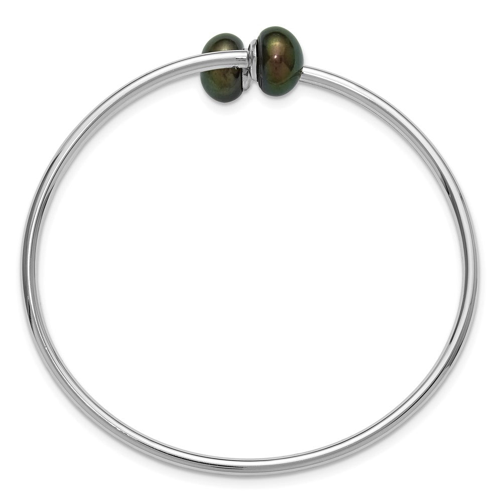 Sterling Silver Rhodium-plated 9-10mm Black Button Freshwater Cultured Pearl Flexible Bangle QH5368B