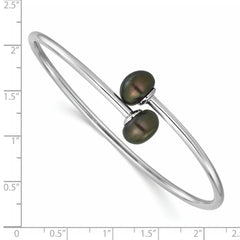 Sterling Silver Rhodium-plated 9-10mm Black Button Freshwater Cultured Pearl Flexible Bangle QH5368B