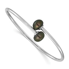 Sterling Silver Rhodium-plated 9-10mm Black Button Freshwater Cultured Pearl Flexible Bangle QH5368B