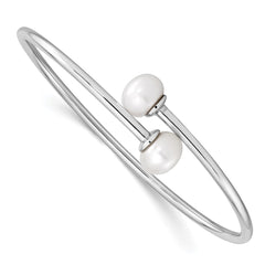 Sterling Silver Rhodium-plated 9-10mm White Freshwater Cultured Pearl Flexible Cuff Bangle QH5368