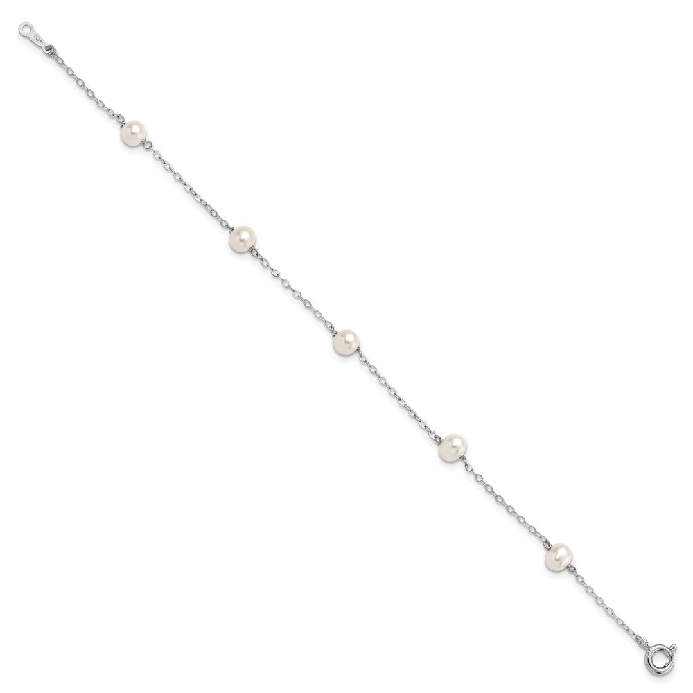 Sterling Silver Rhodium-plated 4-5mm White Semi-Round Freshwater Cultured Pearl 5-Station 7 inch Bracelet QH5370-7