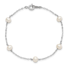 Sterling Silver Rhodium-plated 4-5mm White Semi-Round Freshwater Cultured Pearl 5-Station 7 inch Bracelet QH5370-7