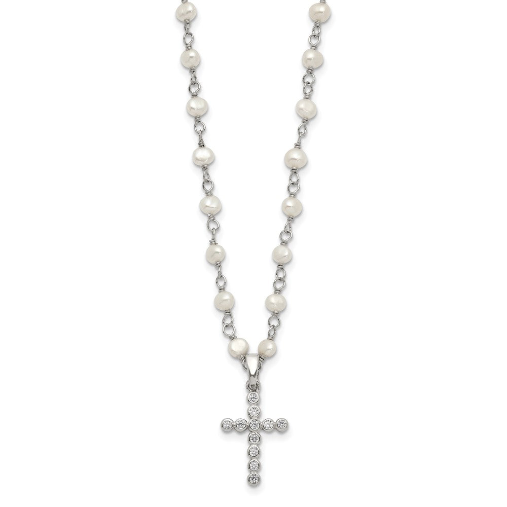 Sterling Silver Rhodium-plated 4-5mm White Near-Round Freshwater Cultured Pearl and CZ Cross 21 inch Necklace QH5392-21
