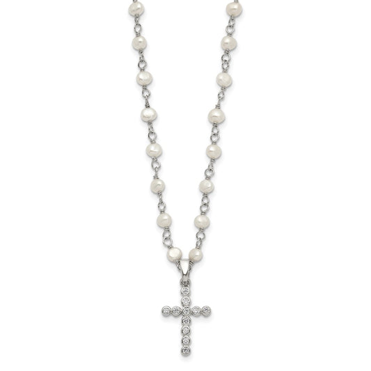 Sterling Silver Rhodium-plated 4-5mm White Near-Round Freshwater Cultured Pearl and CZ Cross 21 inch Necklace QH5392-21