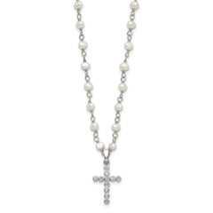 Sterling Silver Rhodium-plated 4-5mm White Near-Round Freshwater Cultured Pearl and CZ Cross 21 inch Necklace QH5392-21