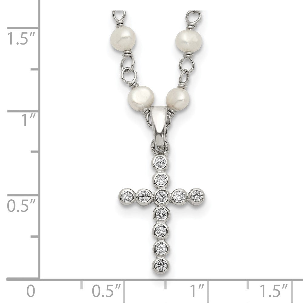 Sterling Silver Rhodium-plated 4-5mm White Near-Round Freshwater Cultured Pearl and CZ Cross 21 inch Necklace QH5392-21