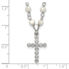 Sterling Silver Rhodium-plated 4-5mm White Near-Round Freshwater Cultured Pearl and CZ Cross 21 inch Necklace QH5392-21