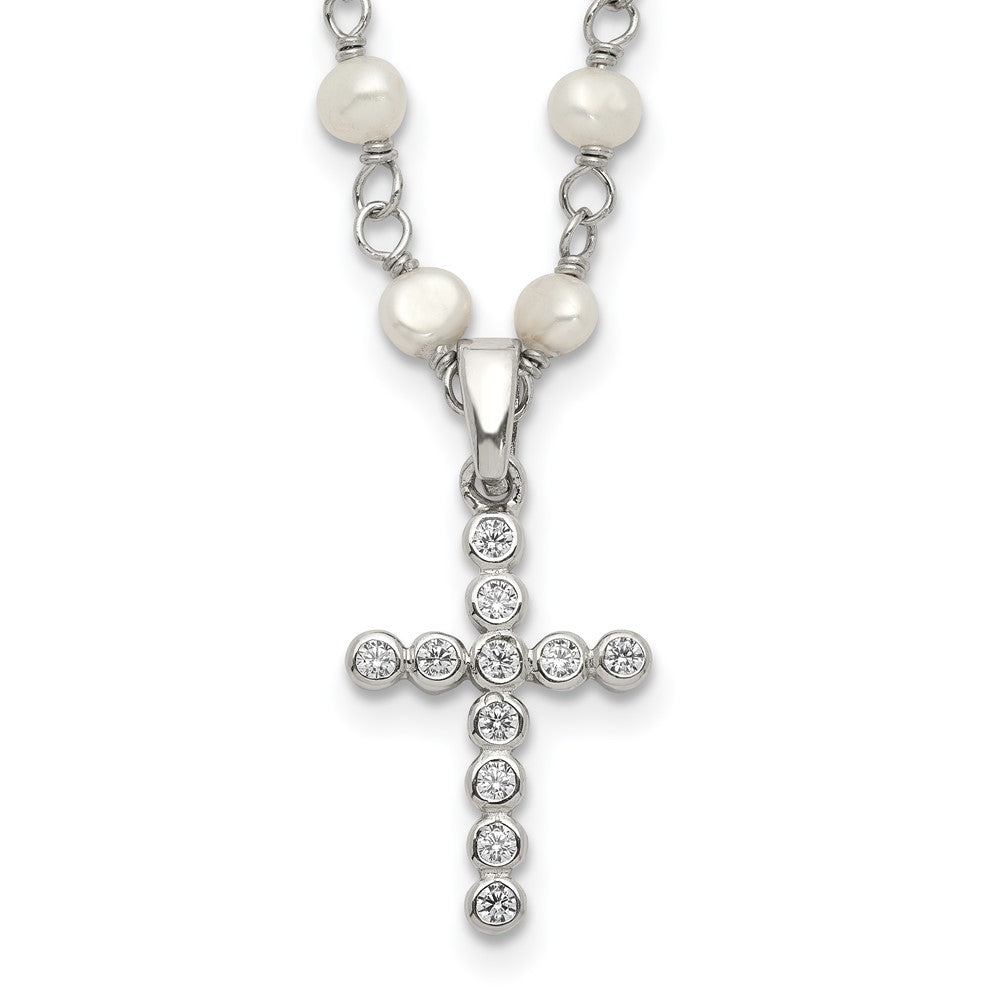 Sterling Silver Rhodium-plated 4-5mm White Near-Round Freshwater Cultured Pearl and CZ Cross 21 inch Necklace QH5392-21