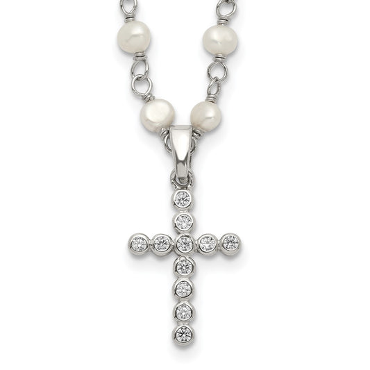 Sterling Silver Rhodium-plated 4-5mm White Near-Round Freshwater Cultured Pearl and CZ Cross 21 inch Necklace QH5392-21
