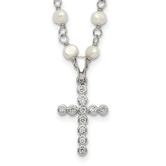 Sterling Silver Rhodium-plated 4-5mm White Near-Round Freshwater Cultured Pearl and CZ Cross 21 inch Necklace QH5392-21
