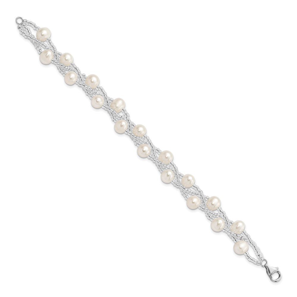 Sterling Silver Rhodium-plated 7-9mm White Semi-Round Freshwater Cultured Pearl and Glass Beaded Multi-strand 7.5 inch Bracelet QH5395-7.5
