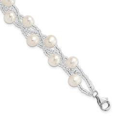 Sterling Silver Rhodium-plated 7-9mm White Semi-Round Freshwater Cultured Pearl and Glass Beaded Multi-strand 7.5 inch Bracelet QH5395-7.5