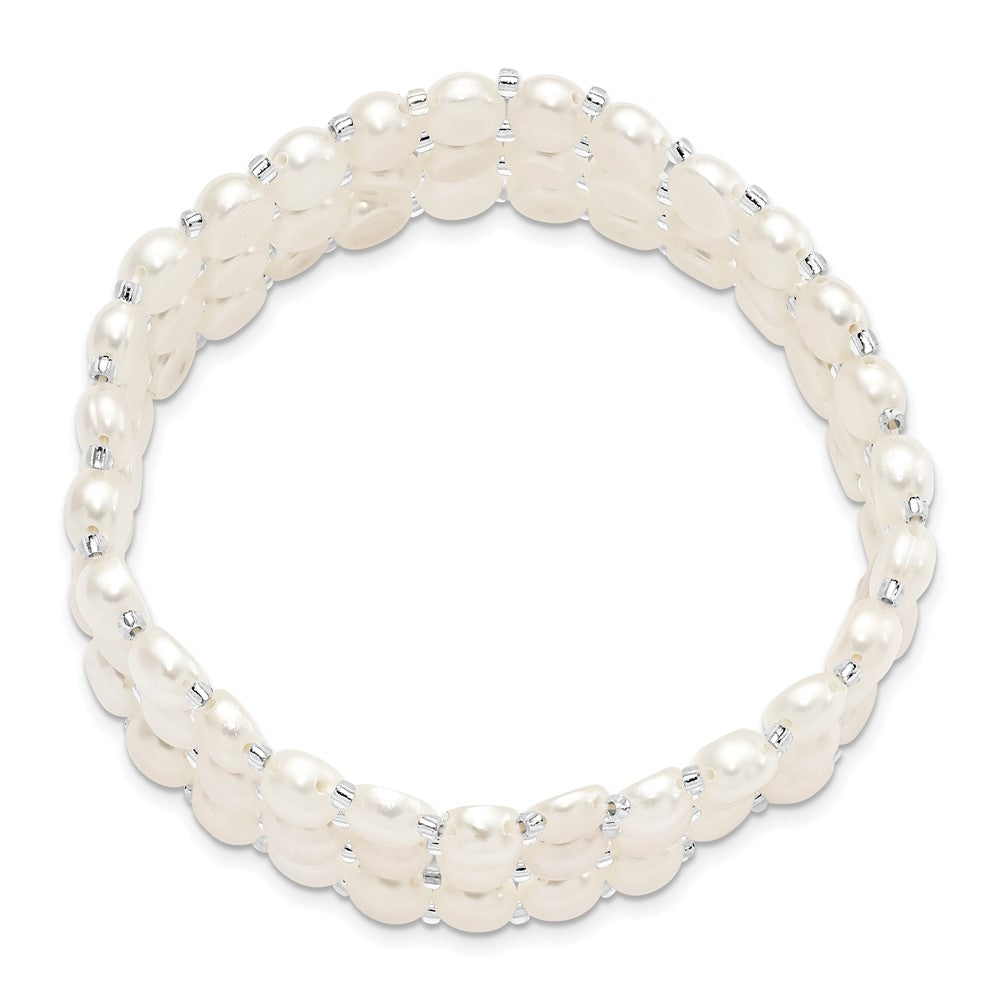 6-7mm White Button Freshwater Cultured Pearl and Glass Beaded 3-row Stretch Bracelet QH5396
