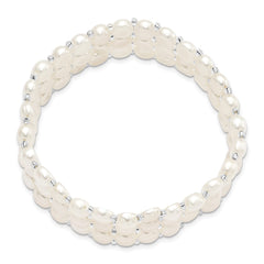 6-7mm White Button Freshwater Cultured Pearl and Glass Beaded 3-row Stretch Bracelet QH5396