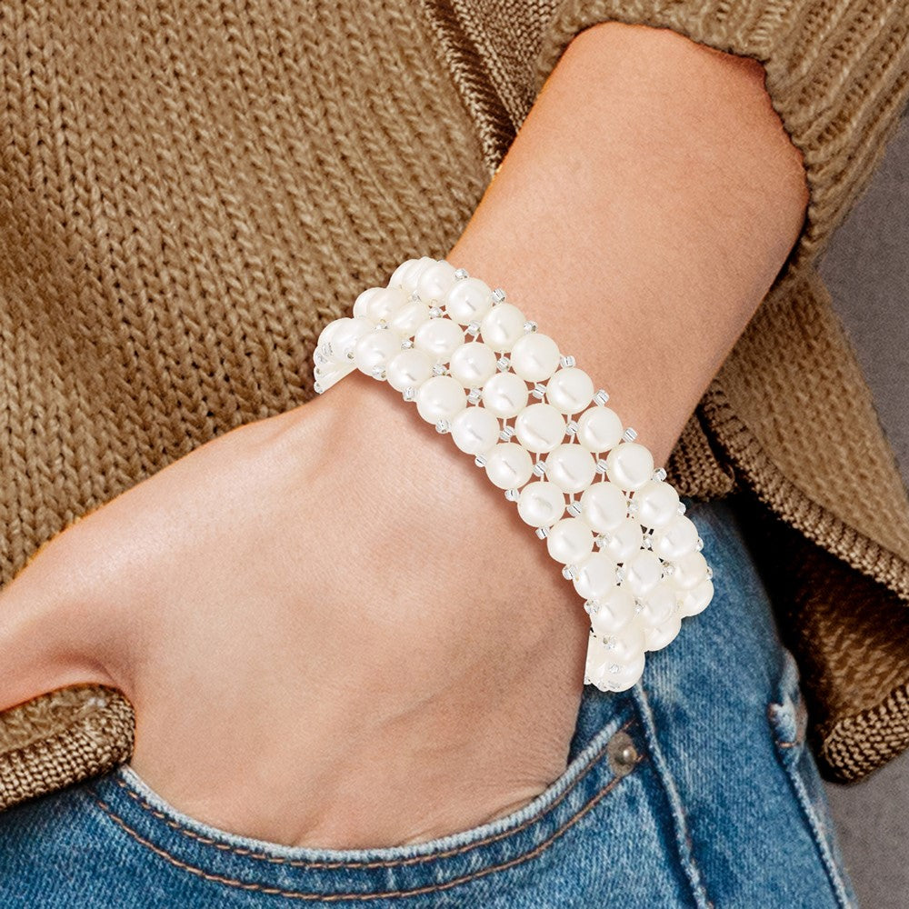 6-7mm White Button Freshwater Cultured Pearl and Glass Beaded 3-row Stretch Bracelet QH5396