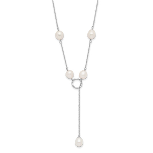 Sterling Silver Rhodium-plated 7-8mm White Teardrop Freshwater Cultured Pearl 13-Station Adjustable Drop Toggle 19 inch Necklace QH5398-19