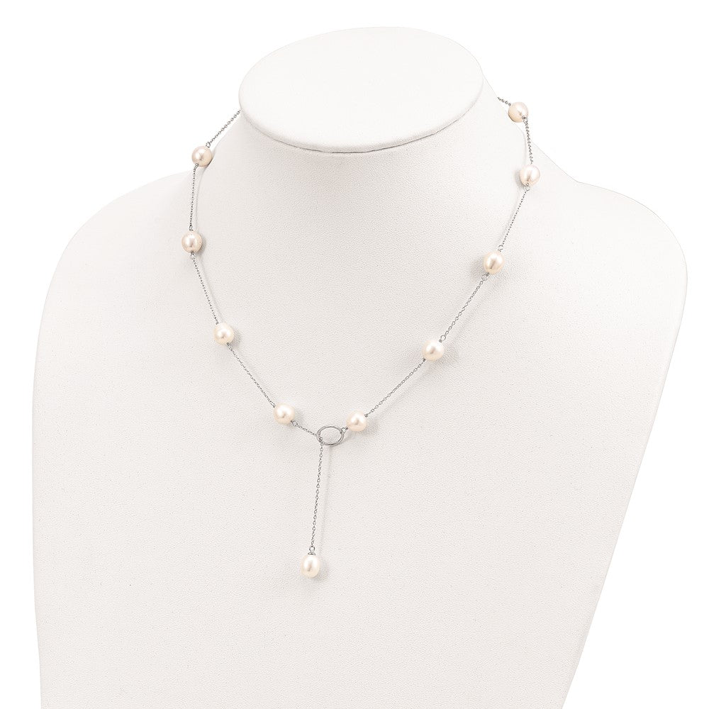Sterling Silver Rhodium-plated 7-8mm White Teardrop Freshwater Cultured Pearl 13-Station Adjustable Drop Toggle 19 inch Necklace QH5398-19