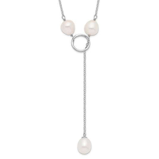 Sterling Silver Rhodium-plated 7-8mm White Teardrop Freshwater Cultured Pearl 13-Station Adjustable Drop Toggle 19 inch Necklace QH5398-19
