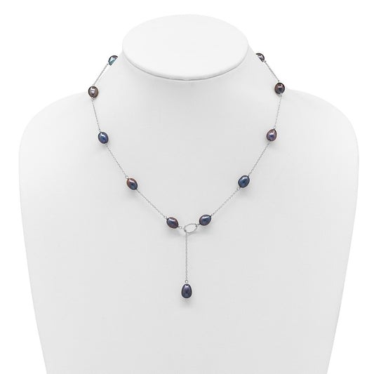 Sterling Silver Rhodium-plated 7-8mm Black Teardrop Freshwater Cultured Pearl 13-Station Adjustable Drop Toggle 19 inch Necklace QH5398B-19
