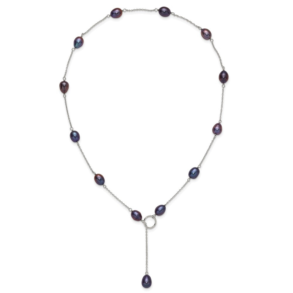 Sterling Silver Rhodium-plated 7-8mm Black Teardrop Freshwater Cultured Pearl 13-Station Adjustable Drop Toggle 19 inch Necklace QH5398B-19