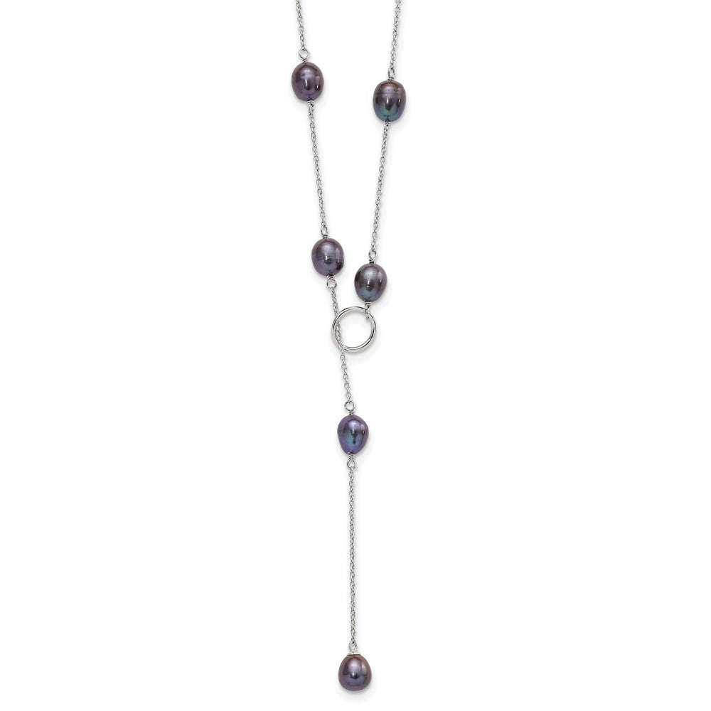 Sterling Silver Rhodium-plated 7-8mm Black Teardrop Freshwater Cultured Pearl 13-Station Adjustable Drop Toggle 19 inch Necklace QH5398B-19