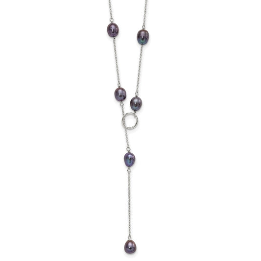 Sterling Silver Rhodium-plated 7-8mm Black Teardrop Freshwater Cultured Pearl 13-Station Adjustable Drop Toggle 19 inch Necklace QH5398B-19