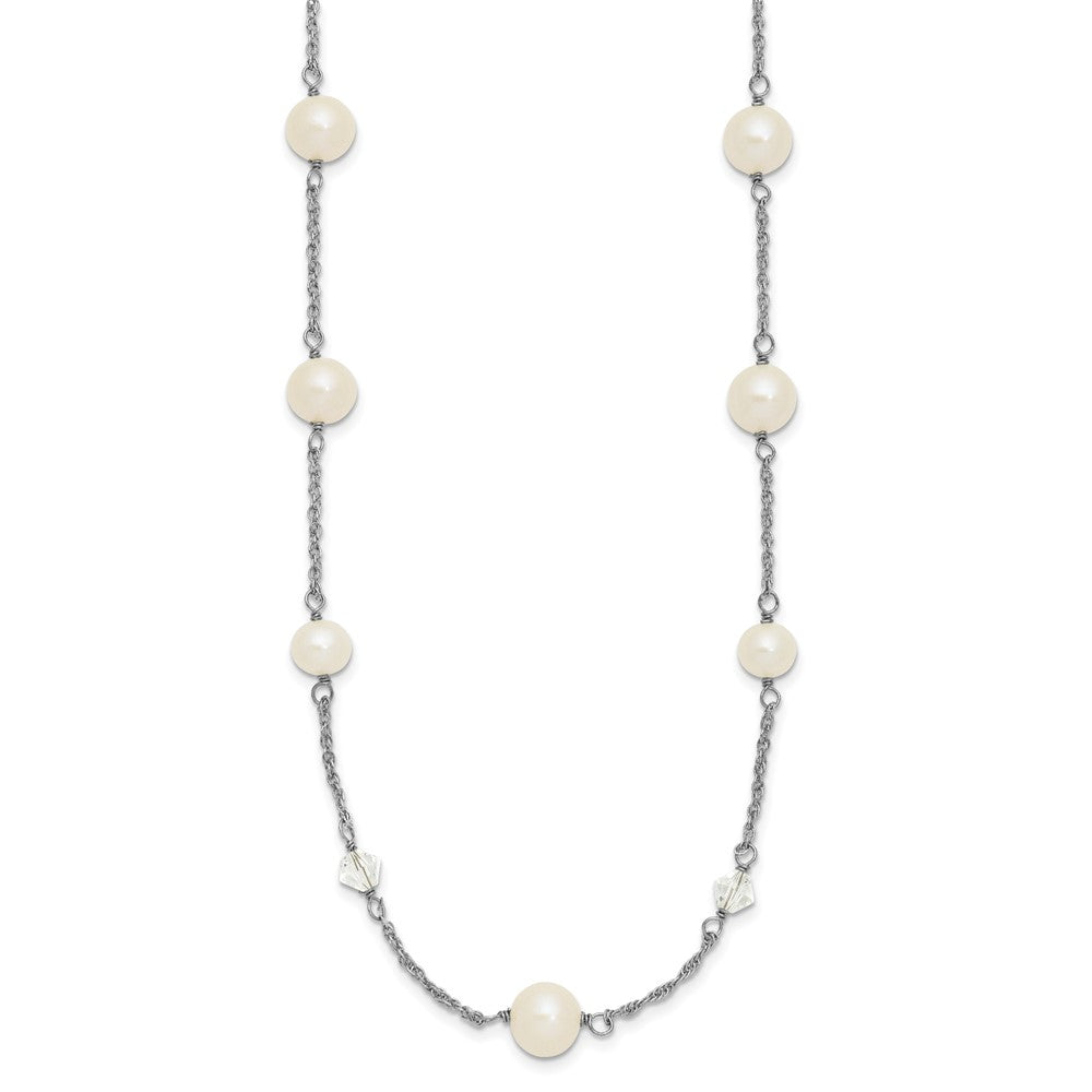 Sterling Silver Rhodium-plated 6-10mm White Near-Round Freshwater Cultured Pearl and Glass 5-Station 17.5 inch with 2.5 inch Extension Necklace QH5407-17.5