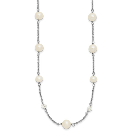 Sterling Silver Rhodium-plated 6-10mm White Near-Round Freshwater Cultured Pearl and Glass 5-Station 17.5 inch with 2.5 inch Extension Necklace QH5407-17.5