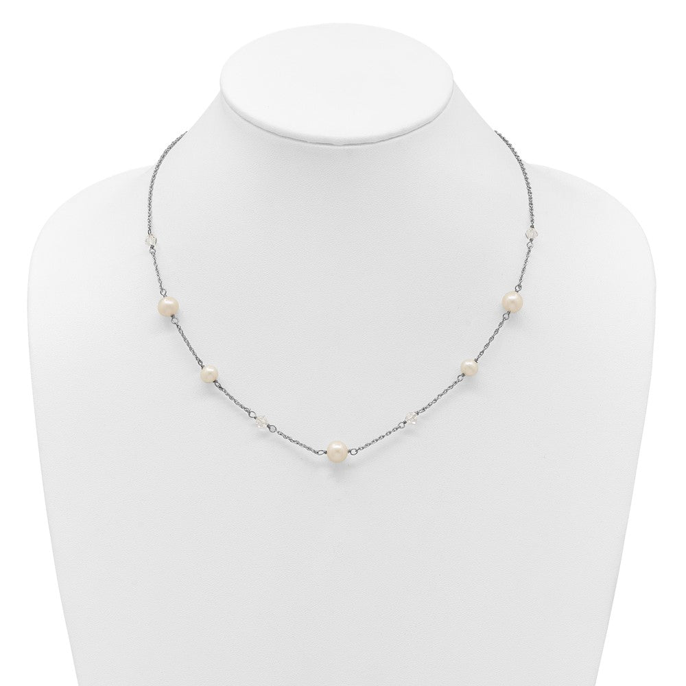 Sterling Silver Rhodium-plated 6-10mm White Near-Round Freshwater Cultured Pearl and Glass 5-Station 17.5 inch with 2.5 inch Extension Necklace QH5407-17.5
