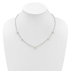 Sterling Silver Rhodium-plated 6-10mm White Near-Round Freshwater Cultured Pearl and Glass 5-Station 17.5 inch with 2.5 inch Extension Necklace QH5407-17.5