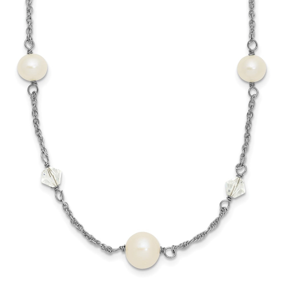 Sterling Silver Rhodium-plated 6-10mm White Near-Round Freshwater Cultured Pearl and Glass 5-Station 17.5 inch with 2.5 inch Extension Necklace QH5407-17.5