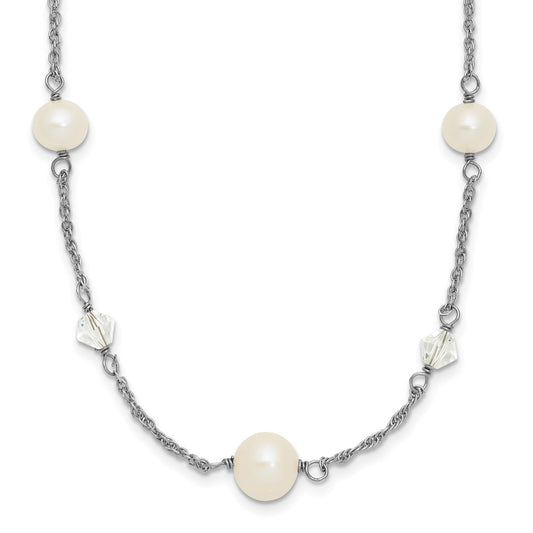 Sterling Silver Rhodium-plated 6-10mm White Near-Round Freshwater Cultured Pearl and Glass 5-Station 17.5 inch with 2.5 inch Extension Necklace QH5407-17.5