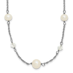 Sterling Silver Rhodium-plated 6-10mm White Near-Round Freshwater Cultured Pearl and Glass 5-Station 17.5 inch with 2.5 inch Extension Necklace QH5407-17.5