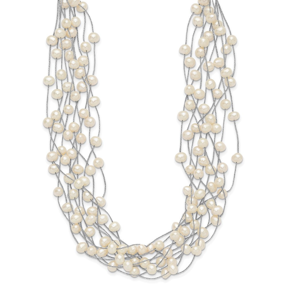 Sterling Silver Rhodium-plated 6-8mm White Semi-Round Freshwater Cultured Pearl Multi Strand 15 inch Necklace QH5410-15