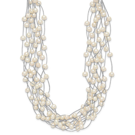 Sterling Silver Rhodium-plated 6-8mm White Semi-Round Freshwater Cultured Pearl Multi Strand 15 inch Necklace QH5410-15