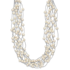 Sterling Silver Rhodium-plated 6-8mm White Semi-Round Freshwater Cultured Pearl Multi Strand 15 inch Necklace QH5410-15