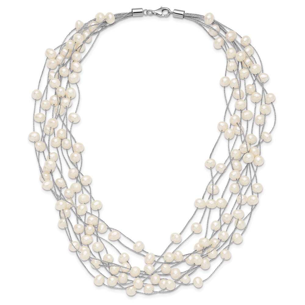 Sterling Silver Rhodium-plated 6-8mm White Semi-Round Freshwater Cultured Pearl Multi Strand 15 inch Necklace QH5410-15