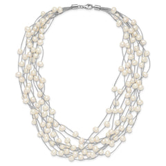 Sterling Silver Rhodium-plated 6-8mm White Semi-Round Freshwater Cultured Pearl Multi Strand 15 inch Necklace QH5410-15