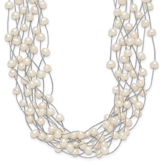 Sterling Silver Rhodium-plated 6-8mm White Semi-Round Freshwater Cultured Pearl Multi Strand 15 inch Necklace QH5410-15