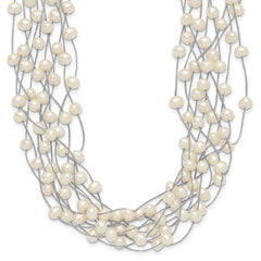 Sterling Silver Rhodium-plated 6-8mm White Semi-Round Freshwater Cultured Pearl Multi Strand 15 inch Necklace QH5410-15